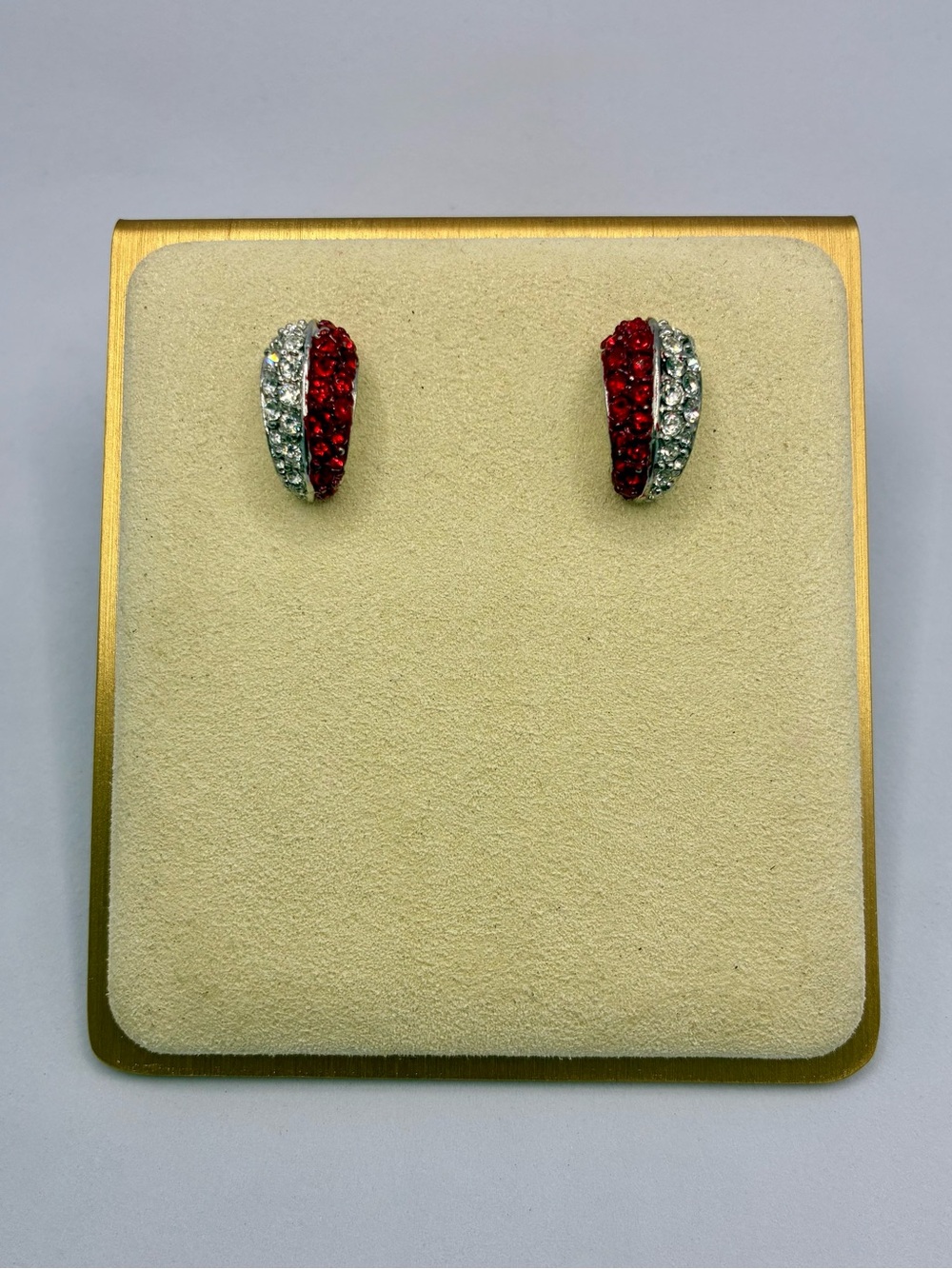 Nolan Miller Signed Red & Silver Crystal Demi Hoop Pierced Earrings